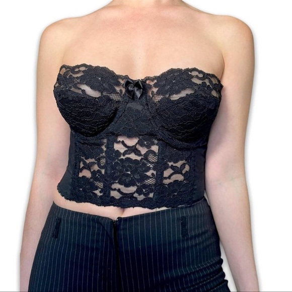 Vintage 90s Victoria's Secret Black Lace Corset Underwire Top